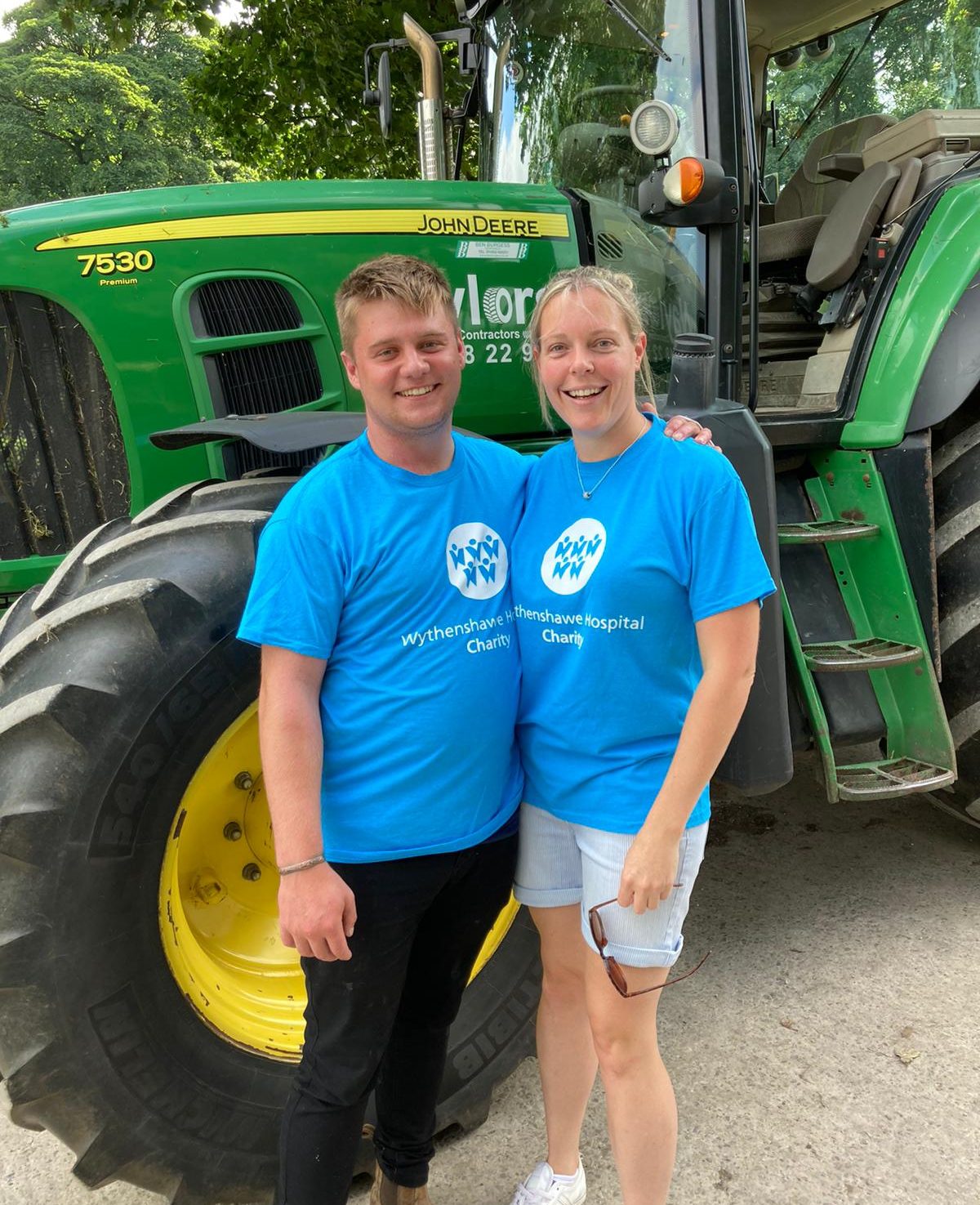 All-ready-to-go-Scott-Goodwin-with-his-cousins-wife-Laura-Mosley-who-is-organising-the-Tractor-Run.-Both-in-Wythenshawe-Hospital-Charity-tshirts